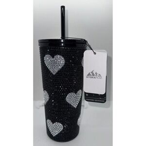 Hydra Peak Black Rhinestone Heart Tumbler Stainless Steel Cup with Straw